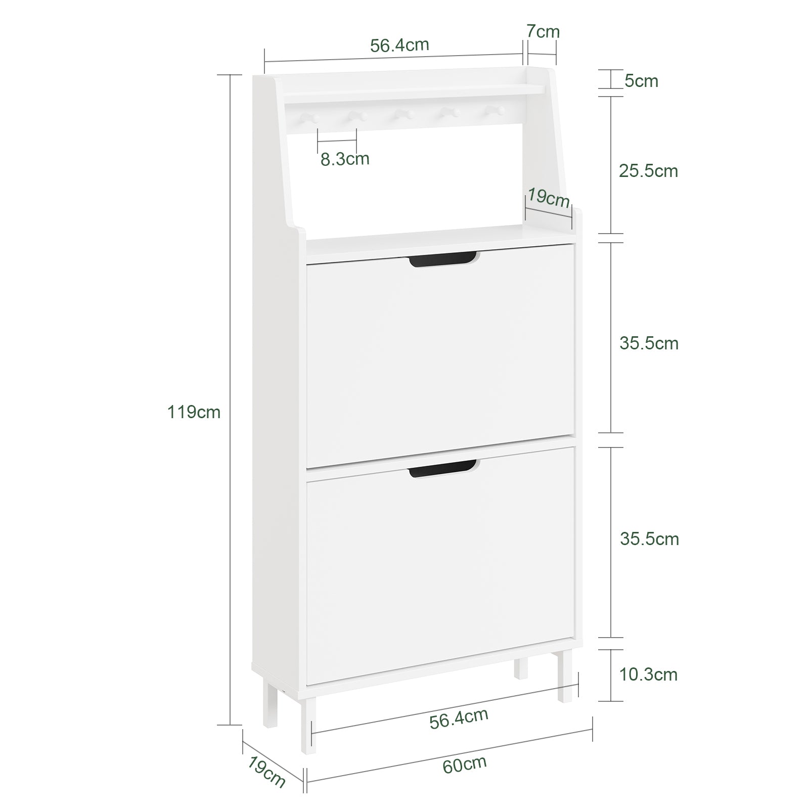 SoBuy Schuhschrank Weiß 2 Türen mit Haken und offener Oberseite 60x19x119 cm 30 kg FSR221-W