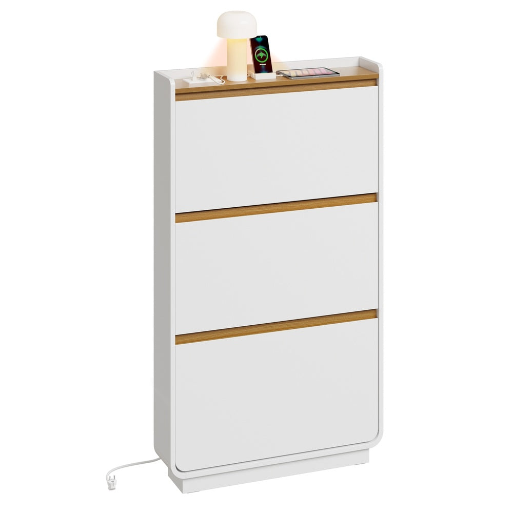 SoBuy Schuhkipper Schuhschrank schmal mit 3 Klappen & Steckdose Weiß 72×15×126 cm FSR228-E-WN