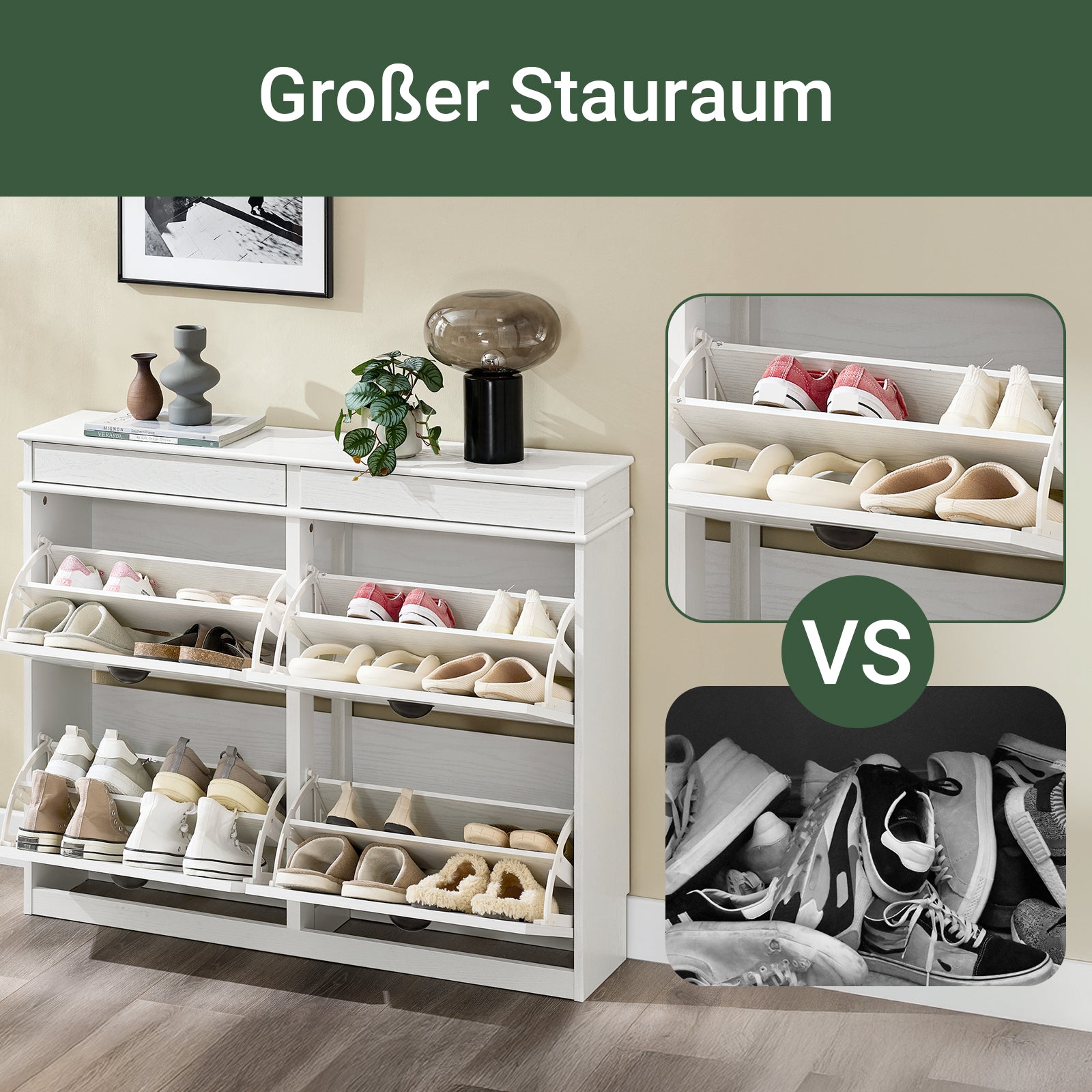 SoBuy | Schuhkipper | Schuhschrank mit 4 Klappen | Schuhkommode Weiß Vintage | FSR79-WG