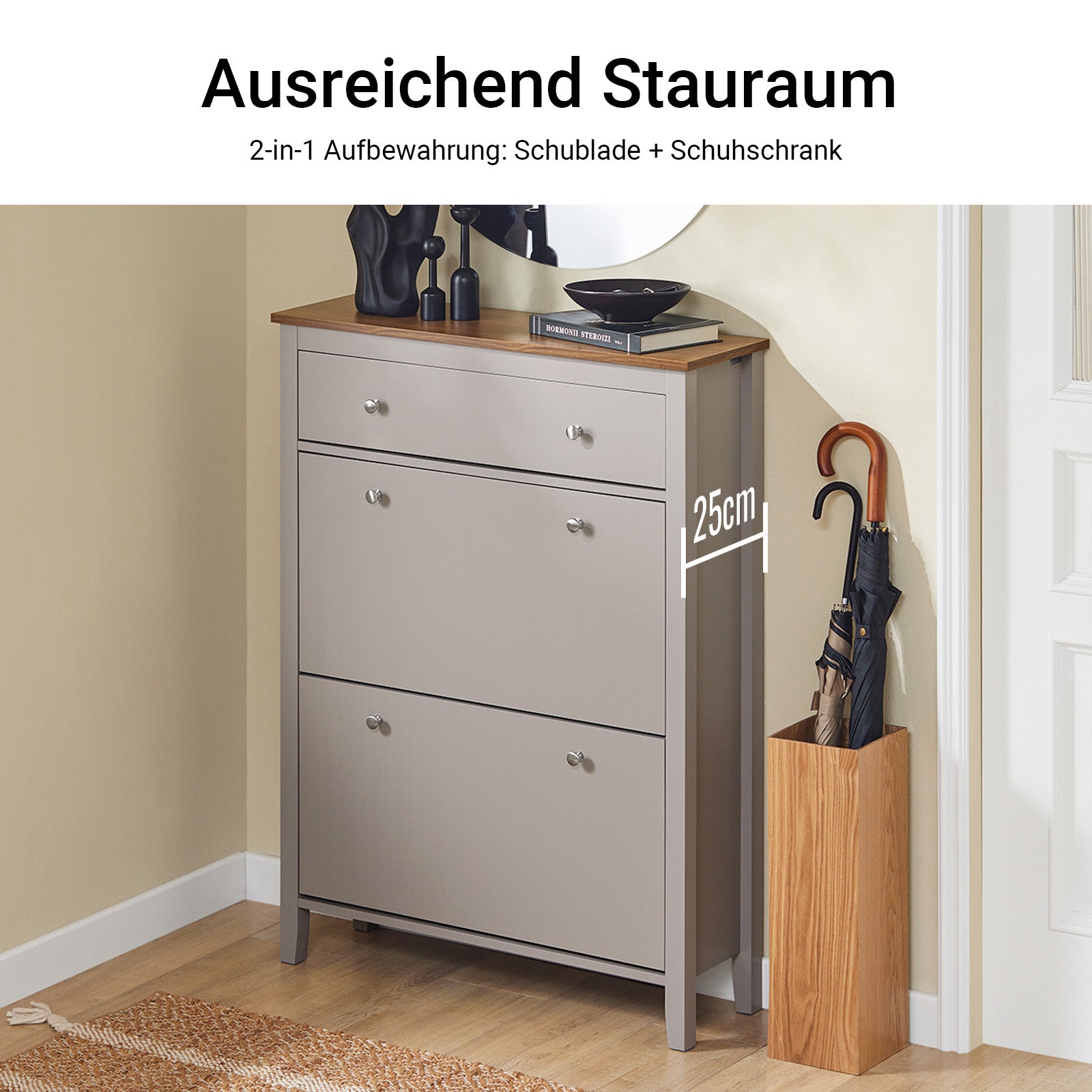 Vorverkauf | SoBuy | Schuhschrank Schmal | mit 2 Klappen & Schublade | Platz für 12 Paar Schuhe | Hellbraun | B80xT25xH108cm | FSR89-KA