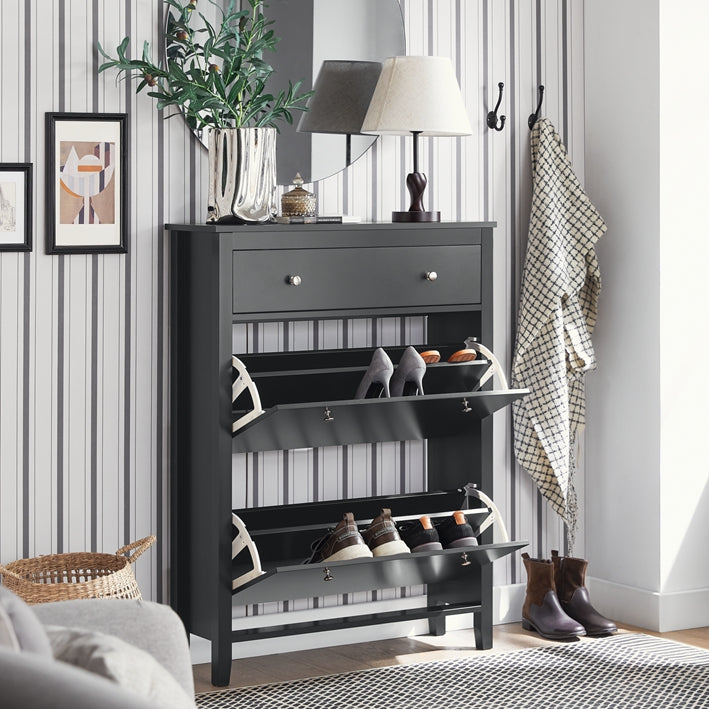 SoBuy | Schuhkipper | Schuhschrank mit 2 Klappen | Schuhregal mit Schublade | Schwarz | FSR89-SCH