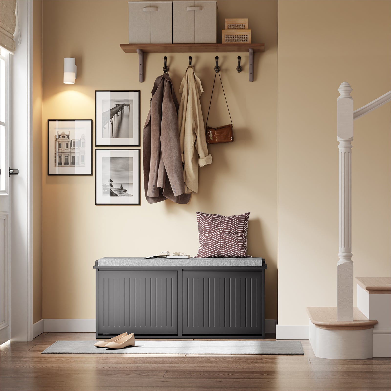 SoBuy | Schuhkipper | Schuhschrank mit 2 Klappen | Schuhbank mit Sitzkissen | Schwarz | FSR98-XL-SCH