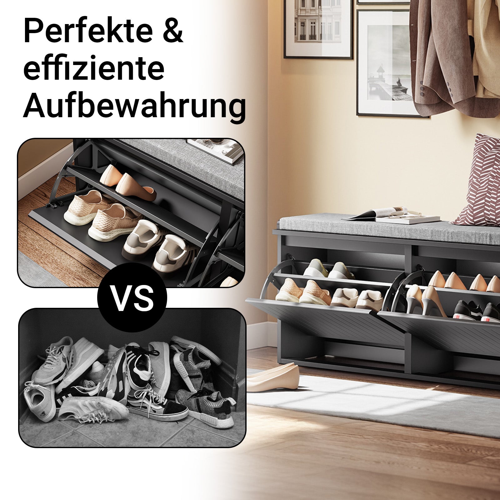 SoBuy | Schuhkipper | Schuhschrank mit 2 Klappen | Schuhbank mit Sitzkissen | Schwarz | FSR98-XL-SCH