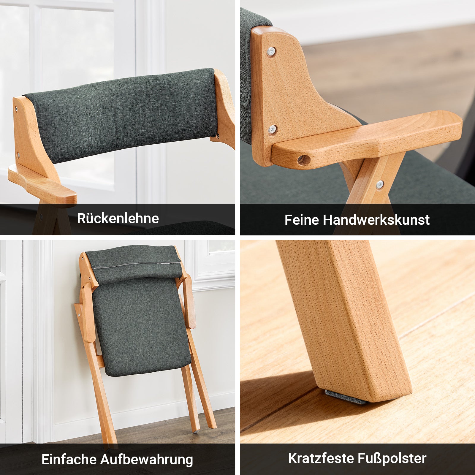 SoBuy Klappstühle 2er Set Vergrößerter&Verbreiterter Holz gepolstert Dunkelgrau FST98-SGX2