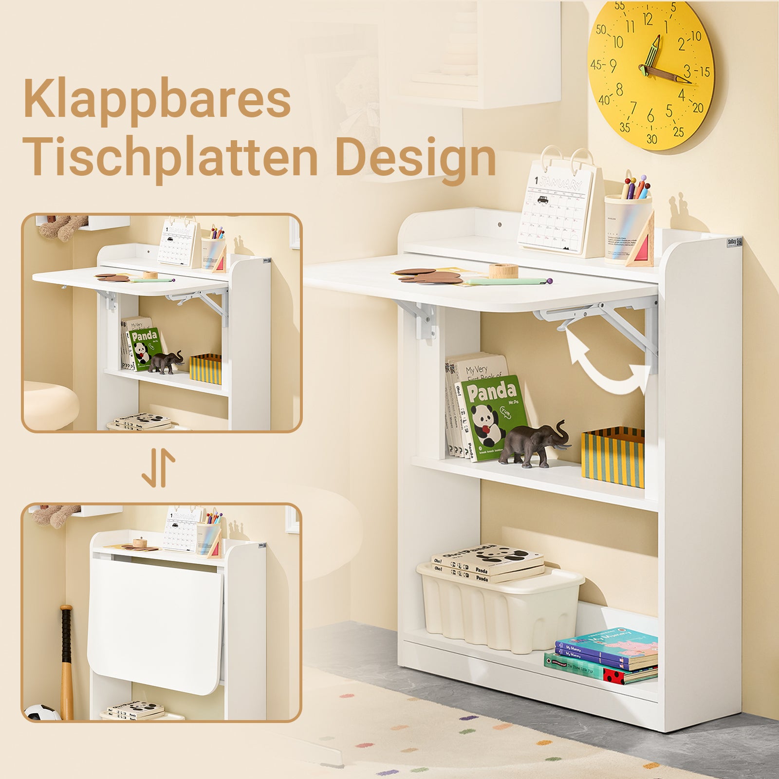 SoBuy | Klapptisch mit 3 Ablagen | Schreibtisch klappbar | Computertisch | Arbeitstisch | Weiß | FWT92-W