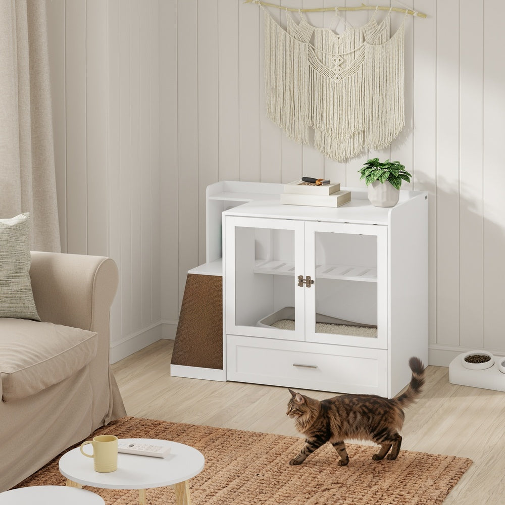 SoBuy Katzentoilettenschrank Katzenklo-Schrank in Weiß mit Schublade 98×60×80 cm HAT02-L-E-W