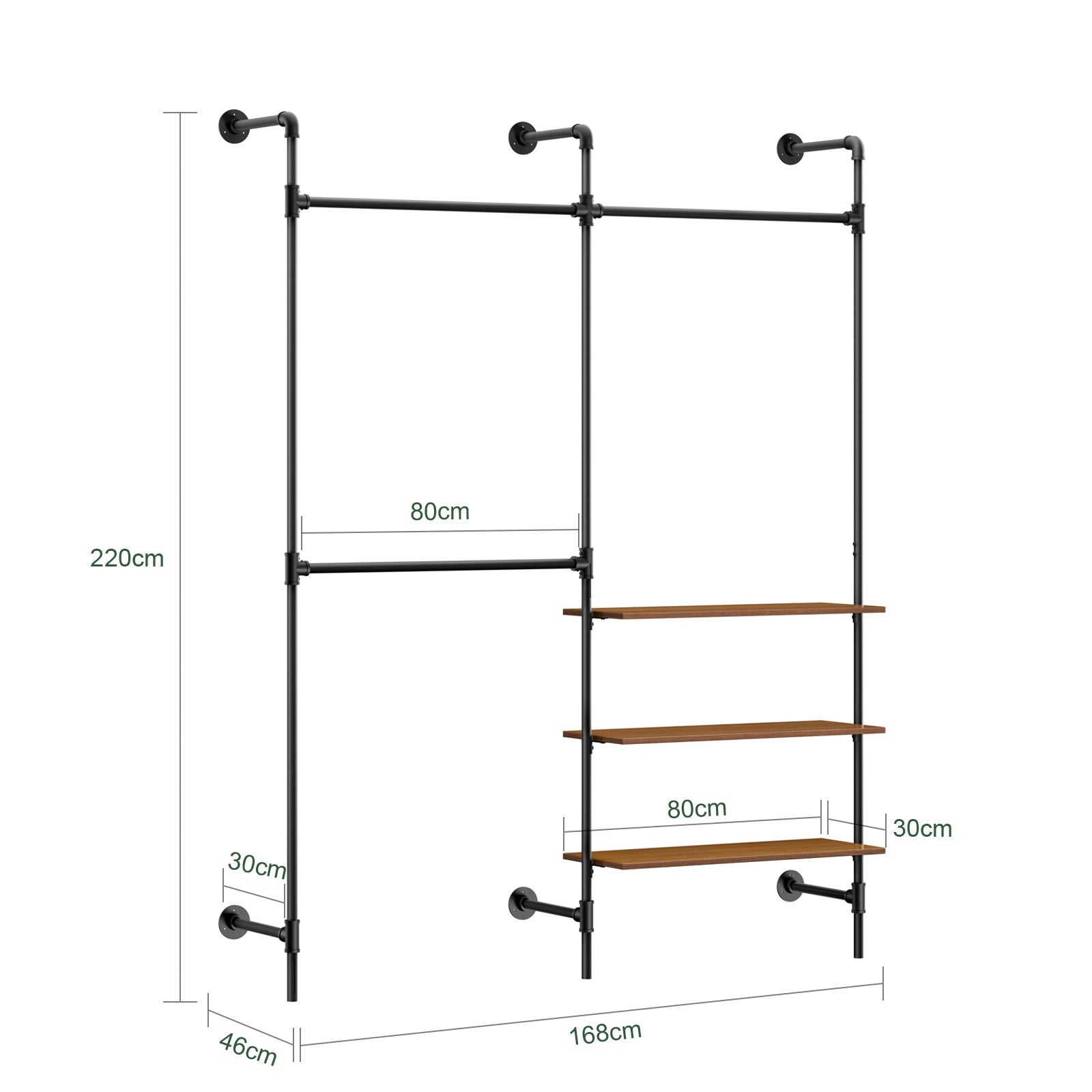 SoBuy | Kleiderstange festes Rohr-Kleiderregal | mit 3 Kleiderstangen & 3 Ablagen | Schwarz | KLS18-SCH