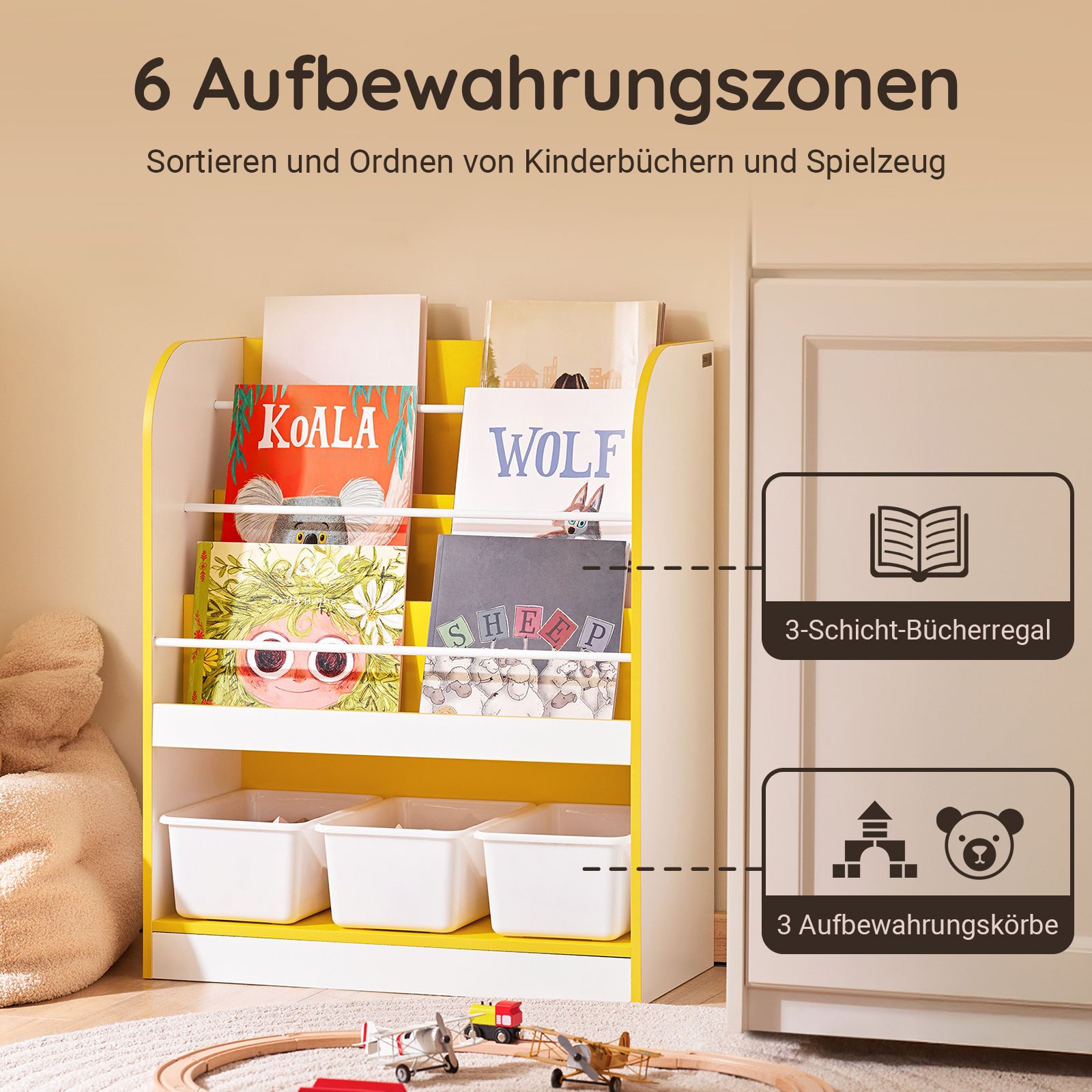 SoBuy | Kinderbücherregal | Zeitungsständer | Aufbewahrungsregal | Gelb/Weiß| KMB108-G