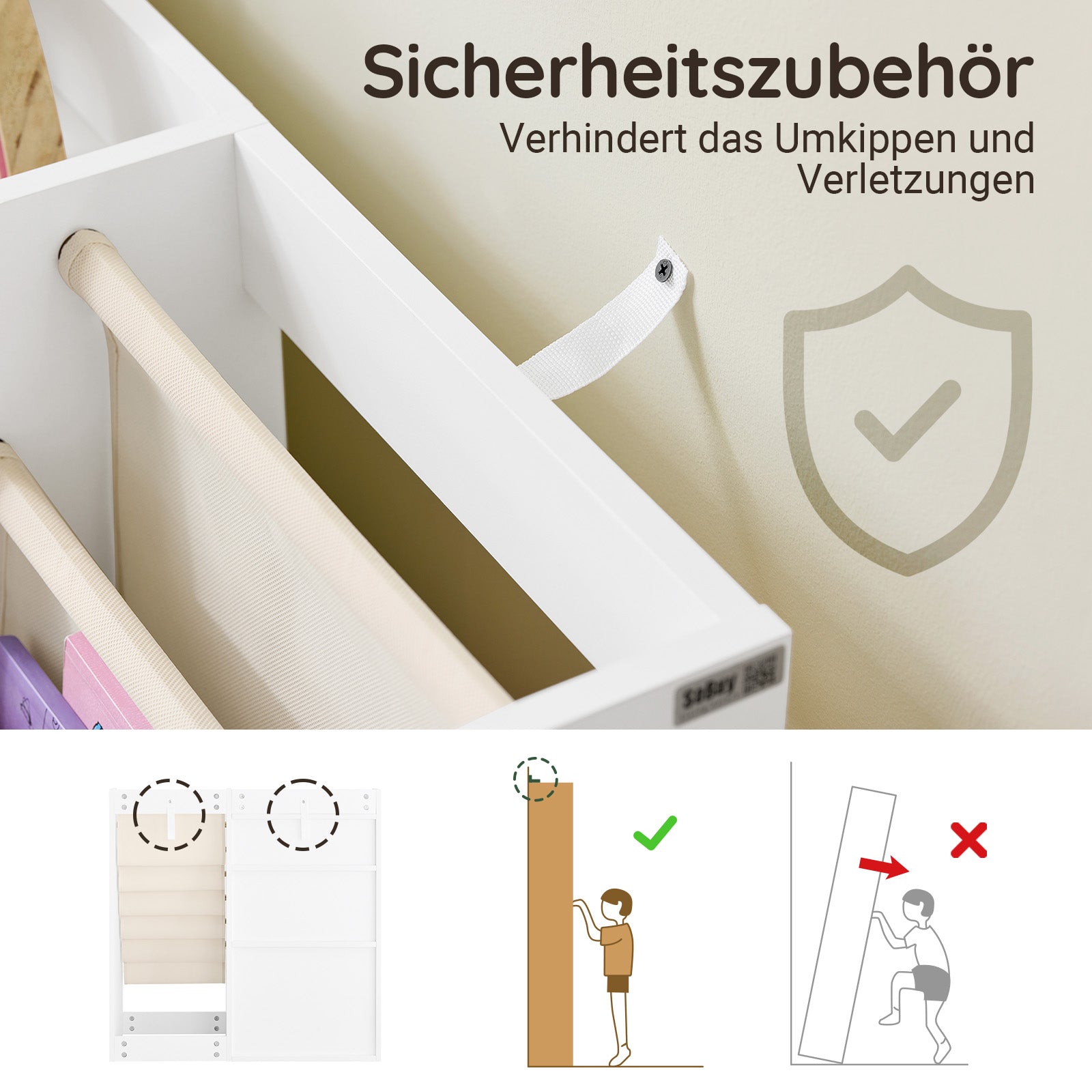SoBuy | Montessori Bücherregal Kinder | Kinderregal mit Stofftaschen | Weiß | KMB119-W