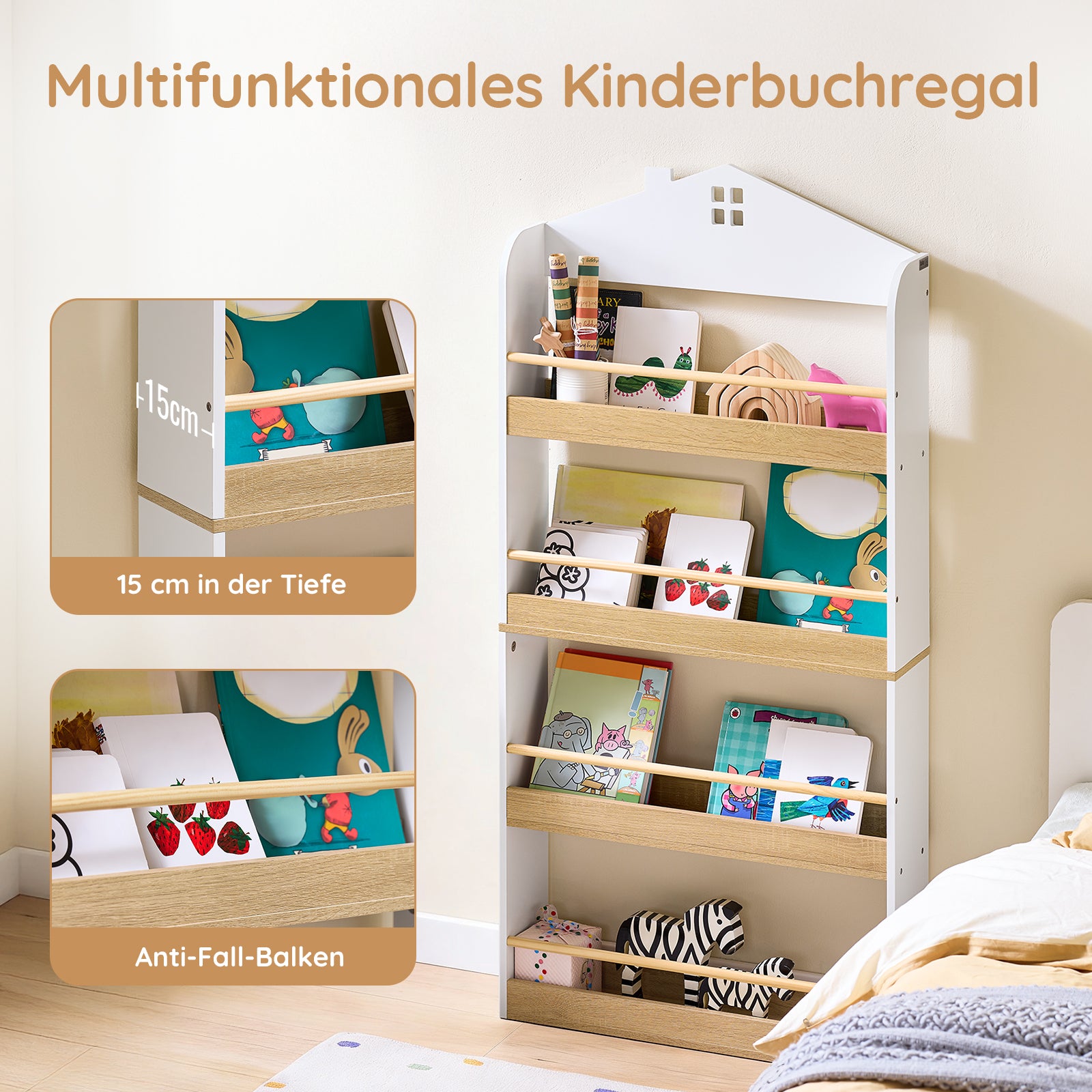 SoBuy | Bücherregal Kinder | Kinderregal | mit 4 Ablagen | KMB121-WN