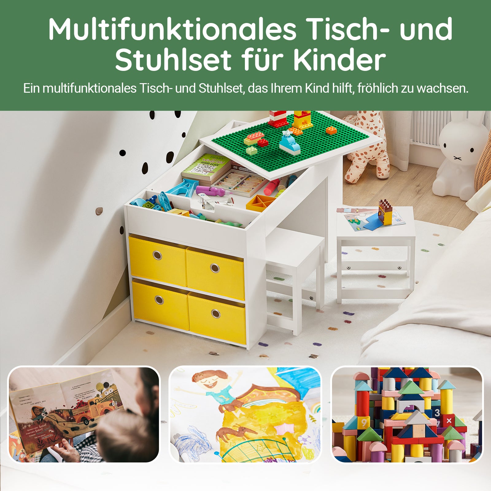 SoBuy | Kindertisch mit 2 Stühlen | Kindersitzgruppe | Aktivitätstisch für Kinder | Weiß| KMB75-W