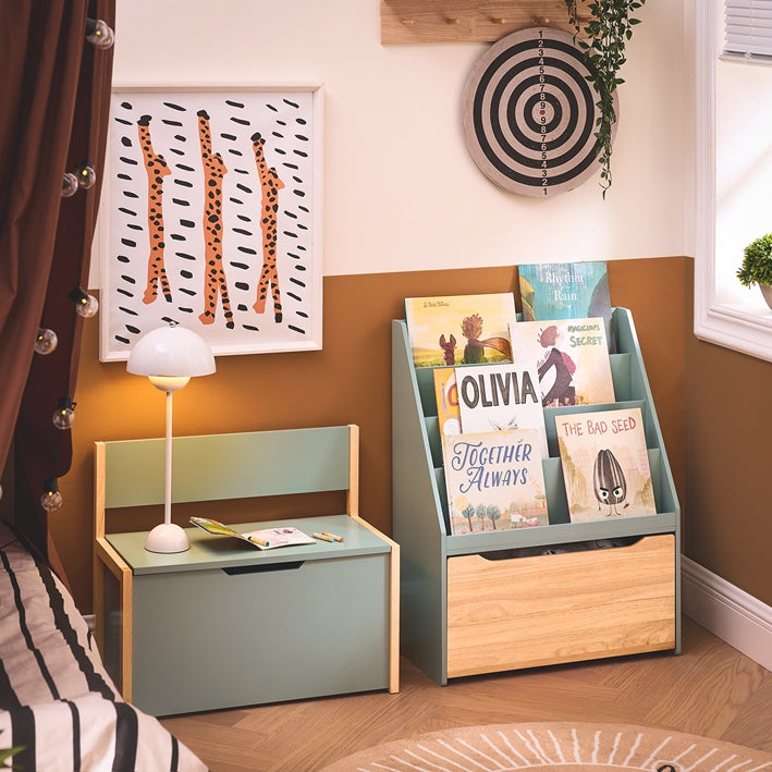 Vorverkauf | SoBuy | Kinder Bücherregal | Spielzeugtruhe | Aufbewahrungsregal Kinderzimmer | Grün-Natur| KMB95-GR