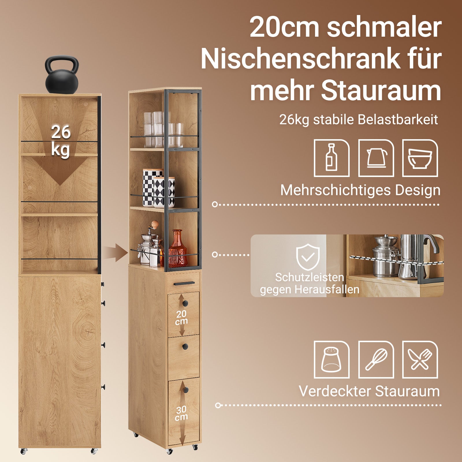 SoBuy | Nischenregal mit 3 Schubladen | mit Rollen | Nischenwagen | schmales Regal | NSR13-N