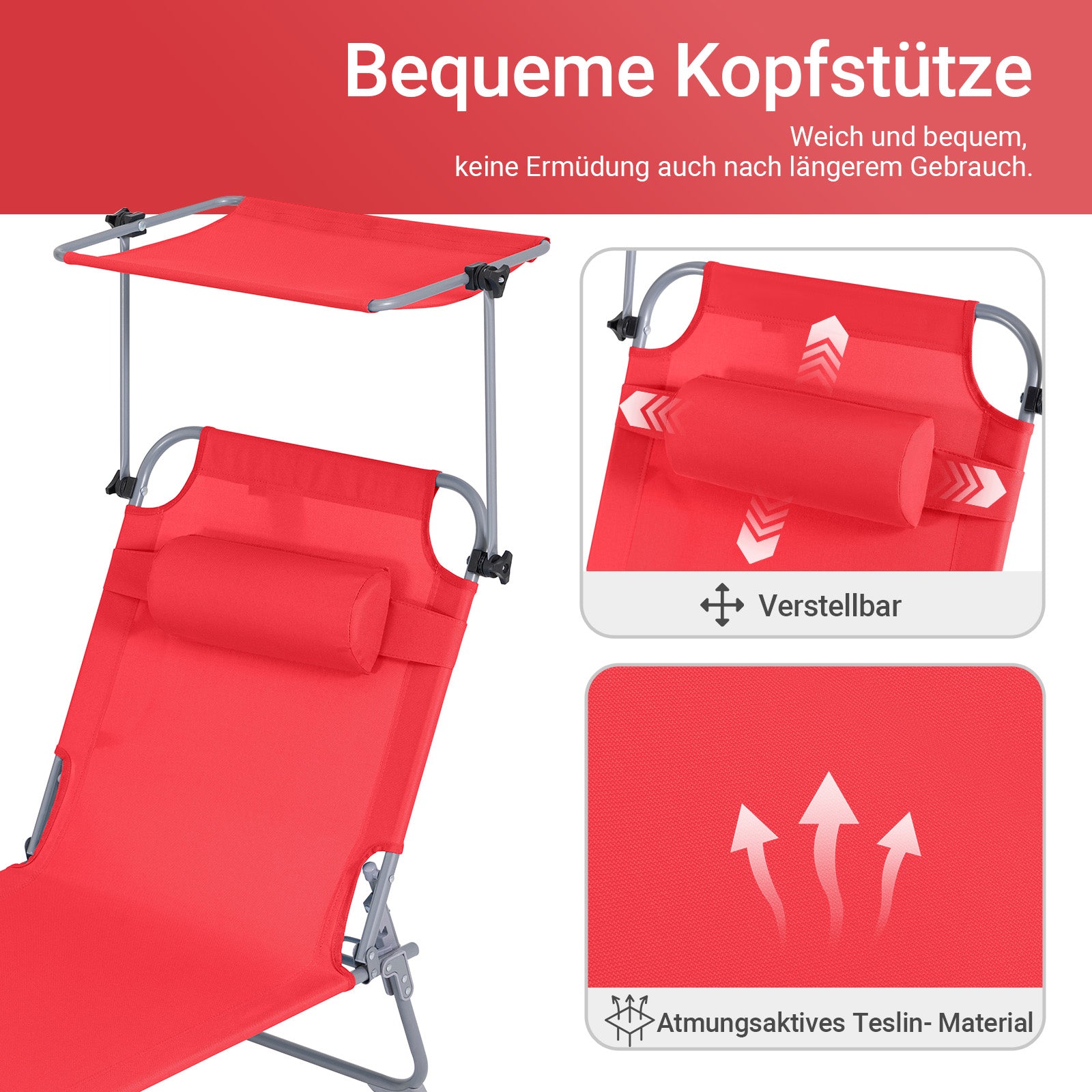 SoBuy | Sonnenliege mit Sonnendach | Relaxstuhl für Gärten, Höfe, Strände | Rot | OGS48-R