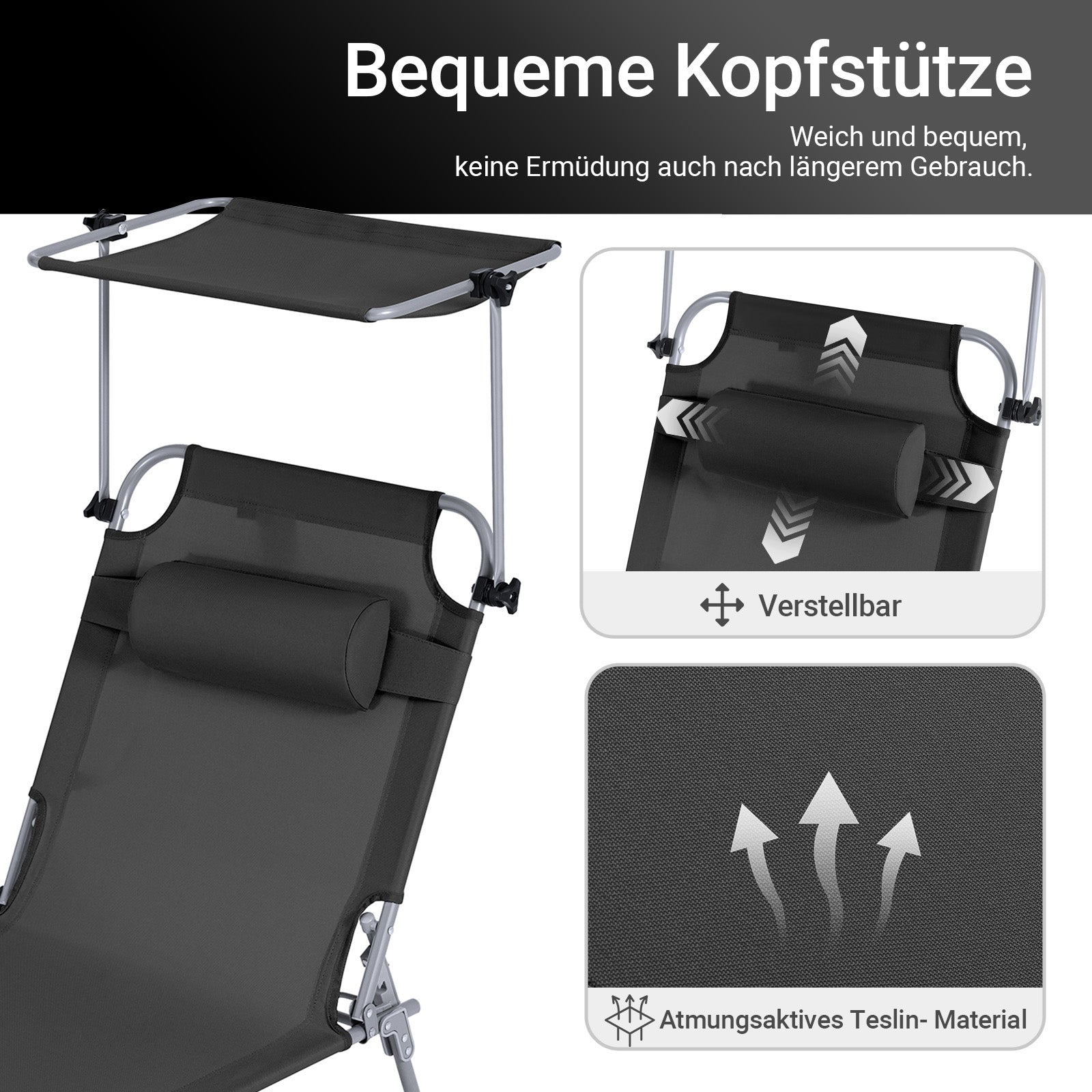 Vorverkauf | SoBuy | Sonnenliege mit Sonnendach | Relaxstuhl für Gärten, Höfe, Strände | Schwarz | OGS48-SCH