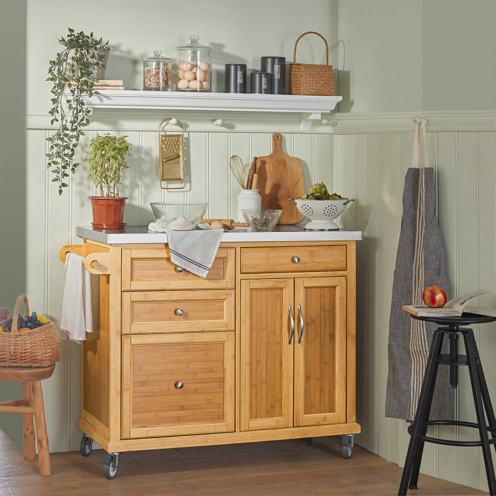 SoBuy | Kücheninsel | Küchenwagen mit Edelstahlarbeitsplatte | Küchenschrank Bambus | FKW70-N