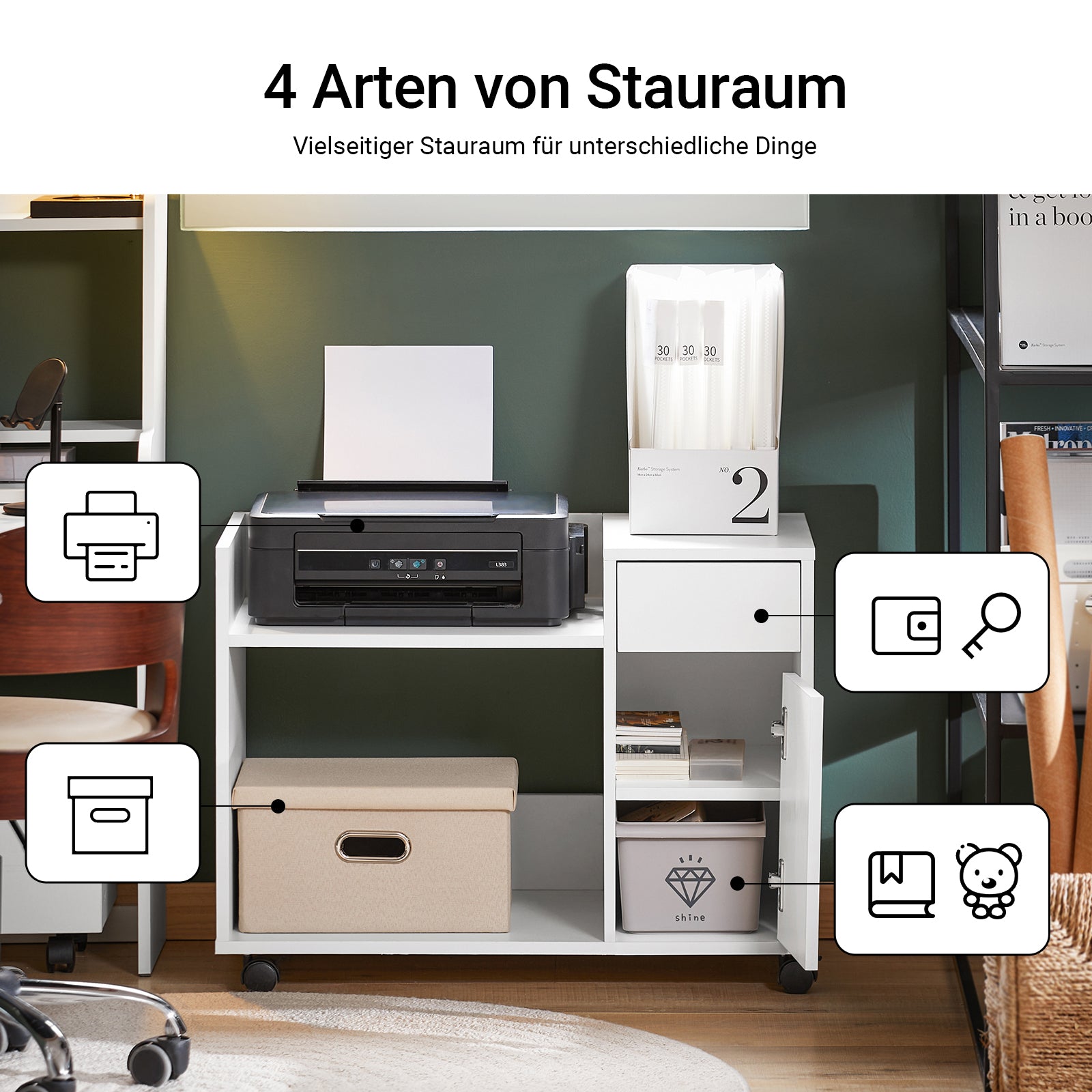 SoBuy | Aktenschrank  | Aktenschrankwagen | Druckertisch | Rollcontainer | Weiß | ASK02-W