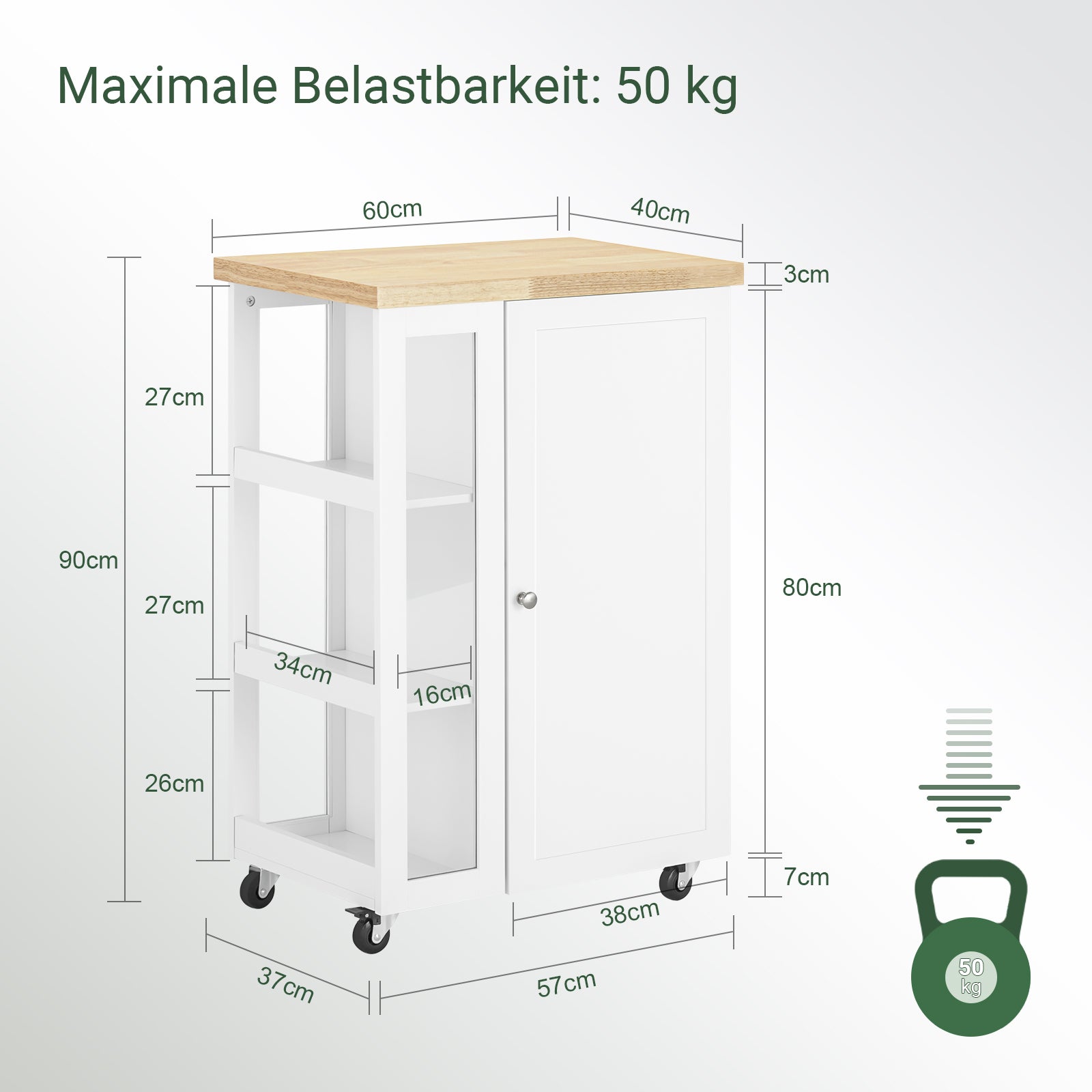 Vorverkauf | SoBuy | Küchenwagen Servierwagen | mit 3 Ablagefächern | Weiß-Natur | 60x90x40cm | FKW75-WN