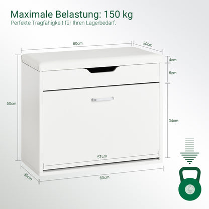 SoBuy | Schuhkipper | Schuhbank mit Sitzkissen | Sitzbank | Weiß | 60x50x30cm | FSR95-W