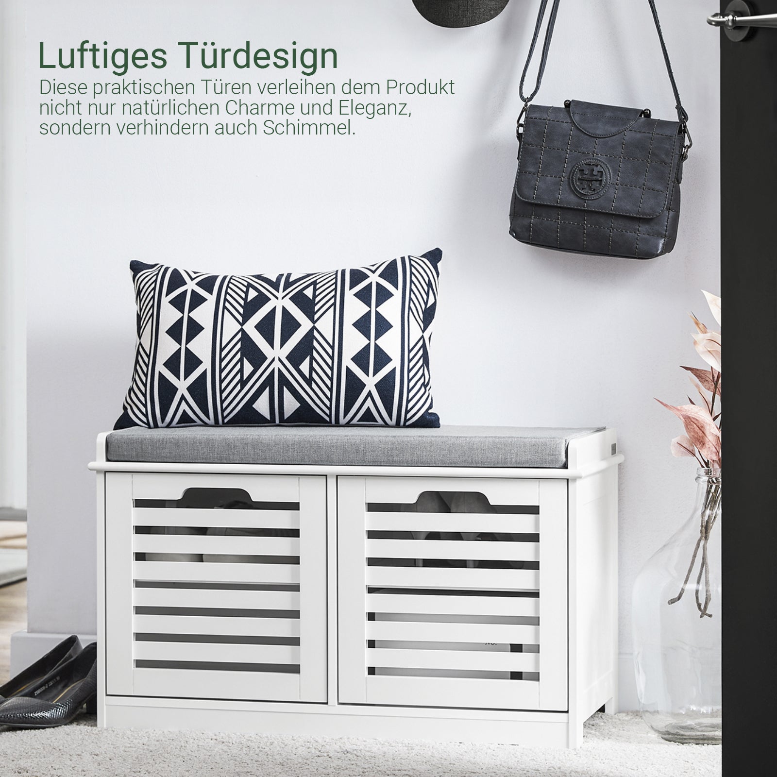 SoBuy | Schuhbank mit Sitzfläche | Sitzkommode mit 2 Türen | Schuhtruhe | Weiß | FSR23-II-W