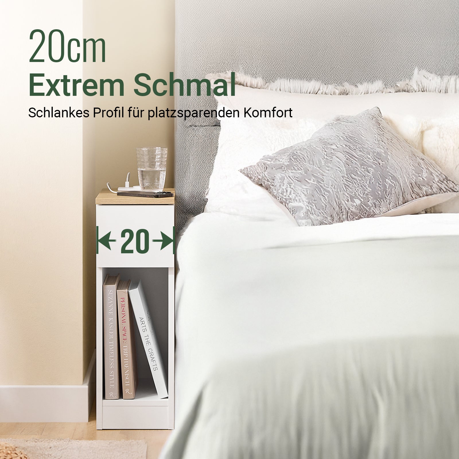 Vorverkauf | SoBuy | 2er Set Nachttisch schmal Nachtschrank mit Ladestation | Weiß-Natur | 20x60x35cm | FBT111-E-WNx2