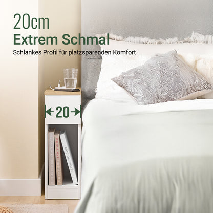 Vorverkauf | SoBuy | 2er Set Nachttisch schmal Nachtschrank mit Ladestation | Weiß-Natur | 20x60x35cm | FBT111-E-WNx2