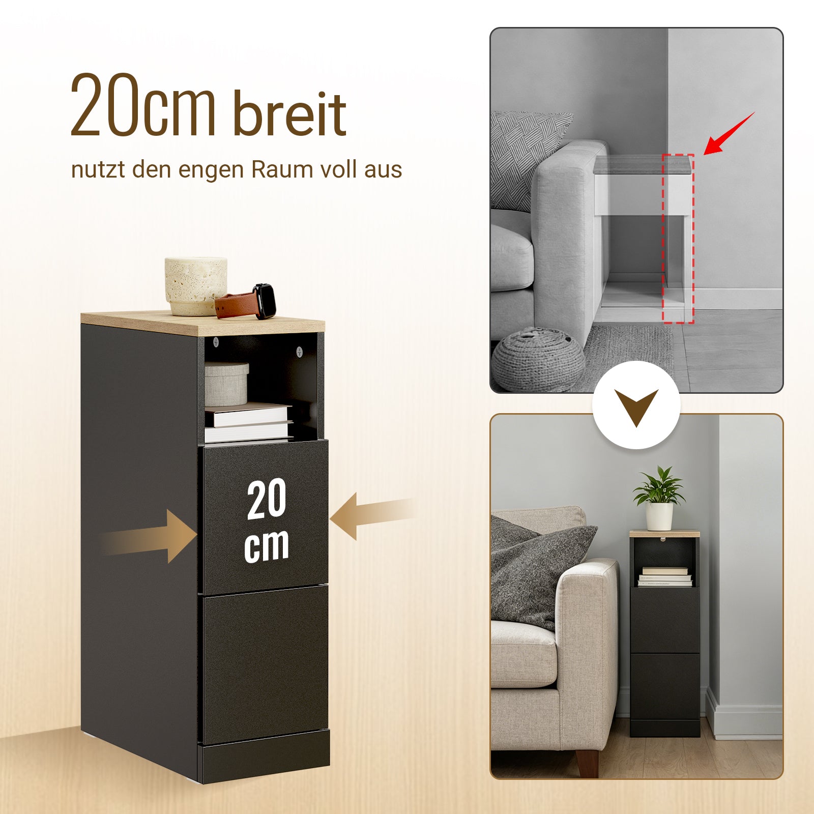 SoBuy Nachttisch schmal 20cm breit mit 2 Schubladen | Beistelltisch Schwarz 60x35cm FBT149-SCH