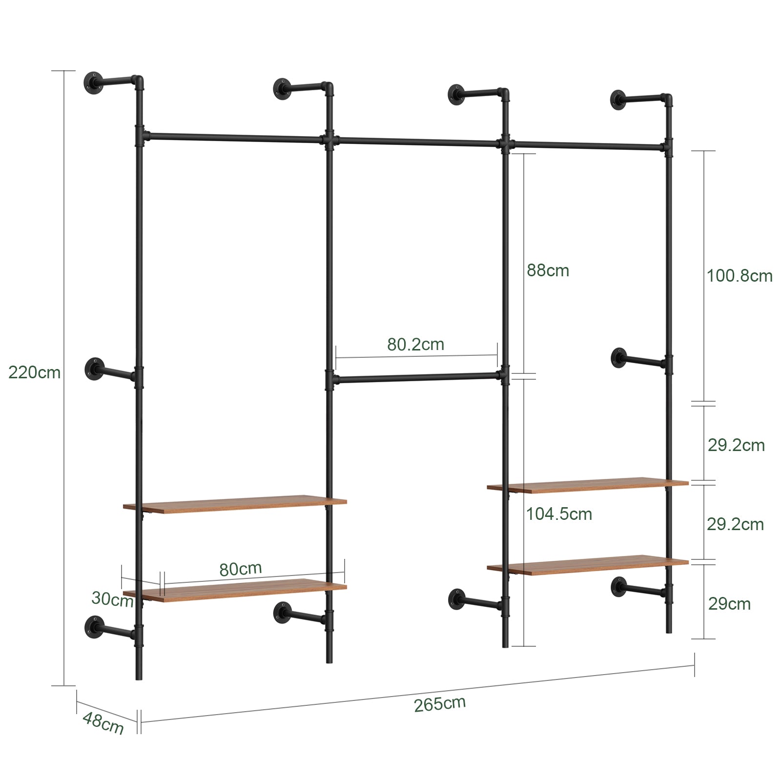 SoBuy Kleiderstange Wandmontage mit 4 MDF Regalböden 120kg Tragkraft  Schwarz KLS19-SCH