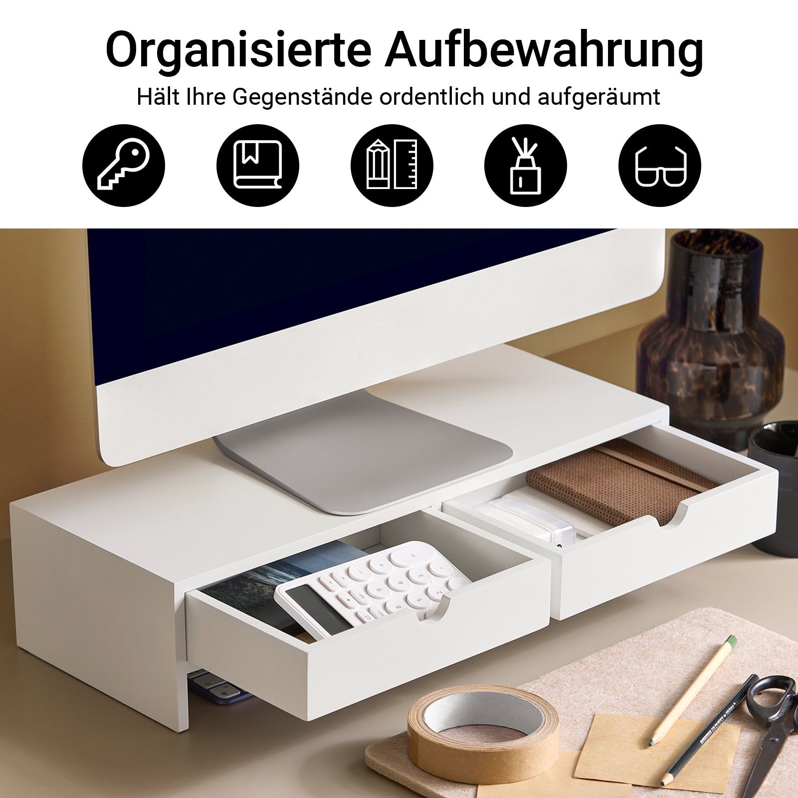 Vorverkauf | SoBuy | Monitorerhöhung | Monitorständer mit Schubladen | Weiß | BBF02-W