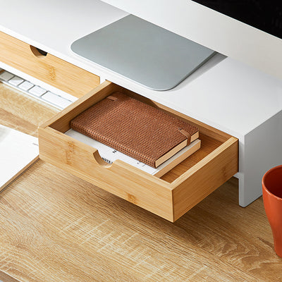 SoBuy | Monitorerhöhung | Monitorständer mit Schubladen | Weiß-Natur | BBF02-WN
