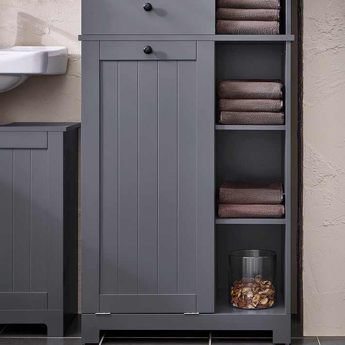 SoBuy | Hochschrank mit Wäschesack | Badschrank | Wäscheschrank | Badregal | Dunkelgrau | BZR104-DG