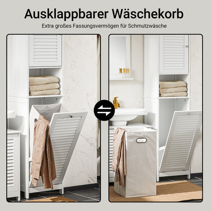 SoBuy | Hochschrank | mit ausklappbarem Wäschesack | schmal Wäscheschrank | Badregal | Weiß | BZR124-W