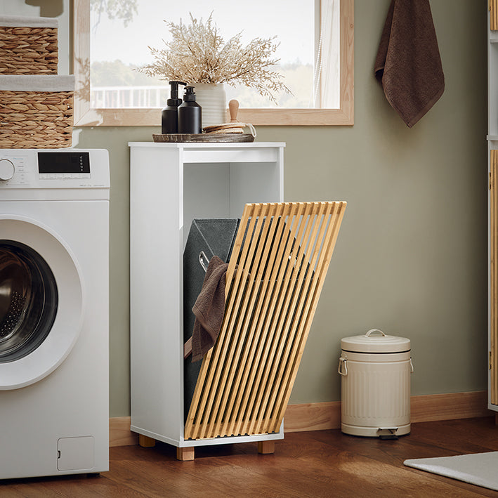 SoBuy | Wäscheschrank mit ausklappbarem Wäschesack | Wäschesammler | Badschrank | Weiß-Natur | BZR126-W