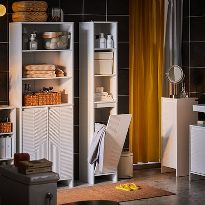 Vorverkauf | SoBuy | Hochschrank mit Wäschesack | Badschrank | Wäscheschrank | Badregal Weiß | BZR158-W