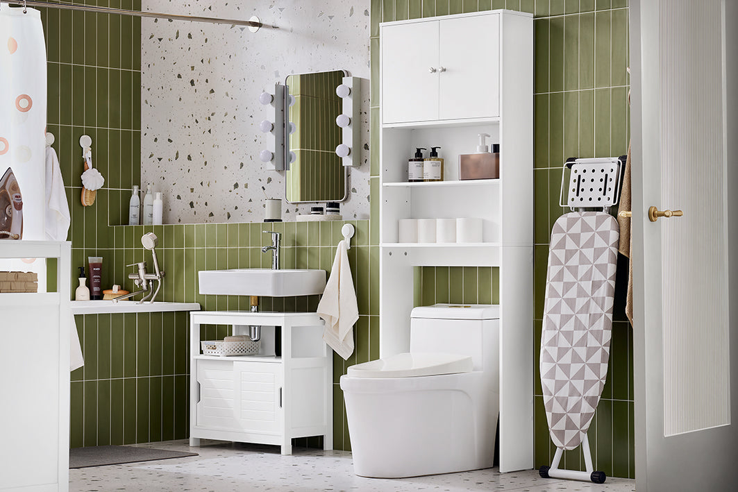SoBuy | Toilettenregal | Waschmaschinenschrank | Badezimmerregal mit Schrank | Weiß | BZR165-W