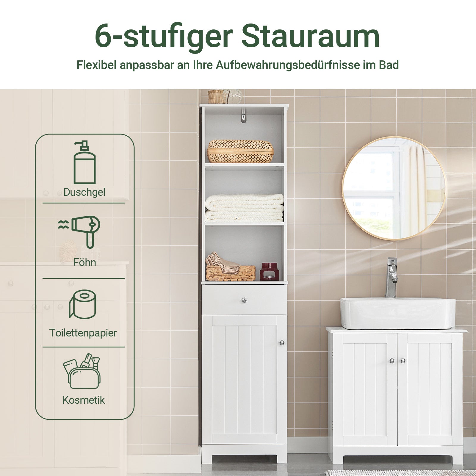 SoBuy | Bad Hochschrank | Badschrank | Badregal Weiß | BZR17-W