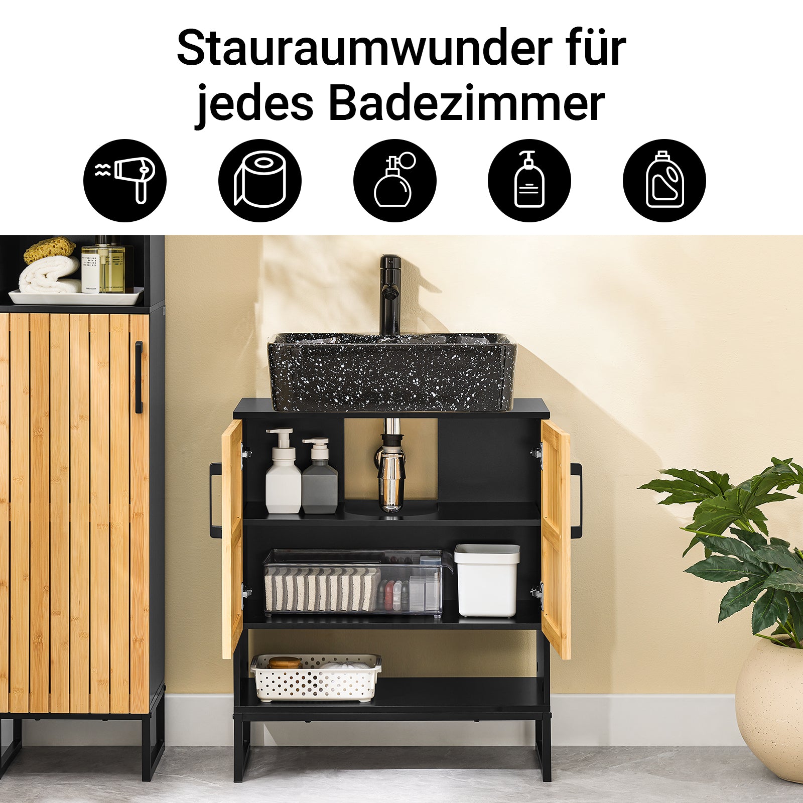 SoBuy | Waschbeckenunterschrank | Badezimmerschrank 60 cm breit | Schwarz | BZR202-SCH