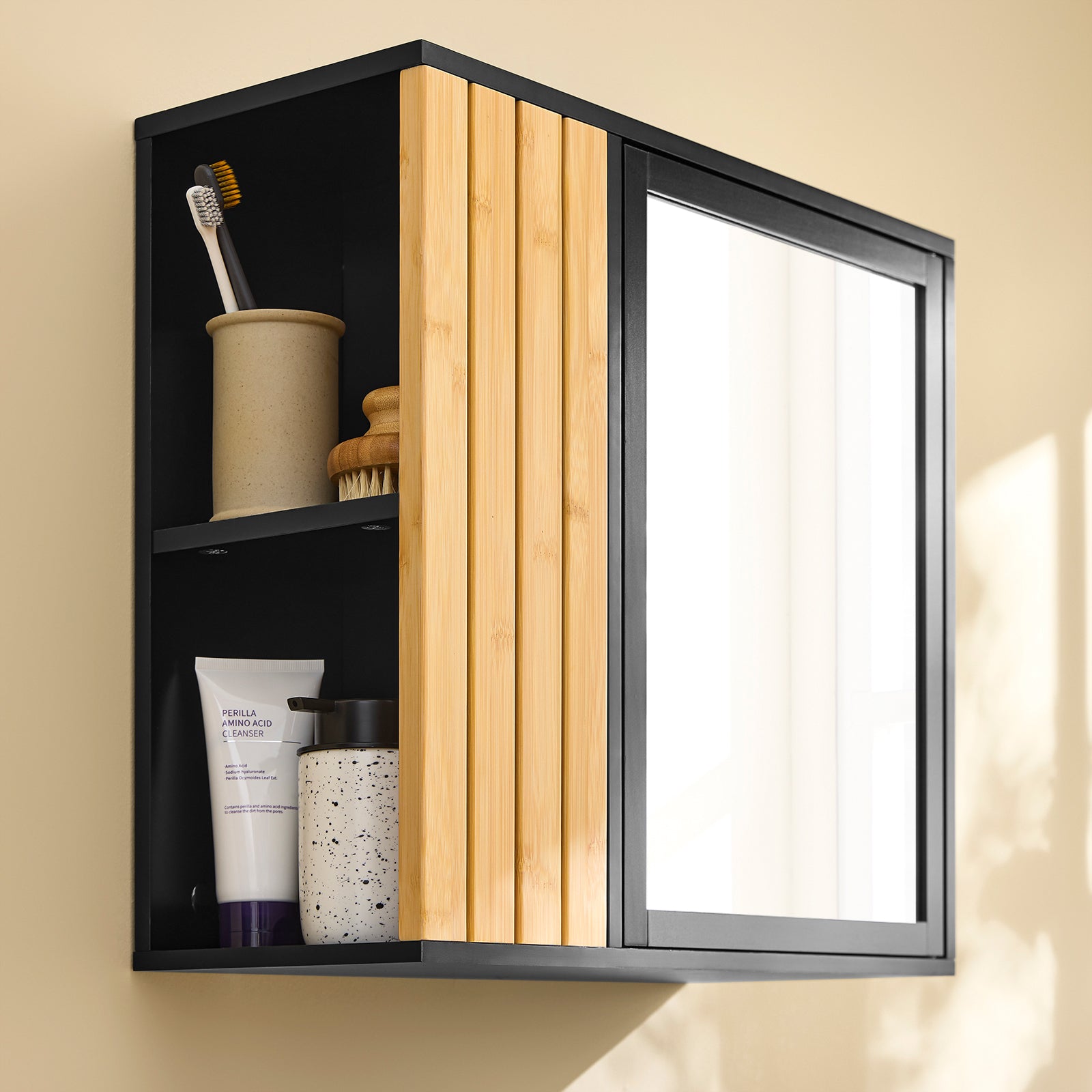 SoBuy | Badezimmerschrank hängend | mit Spiegel und seitlichen Fächern | 50x20x45cm | Schwarz | BZR204-SCH