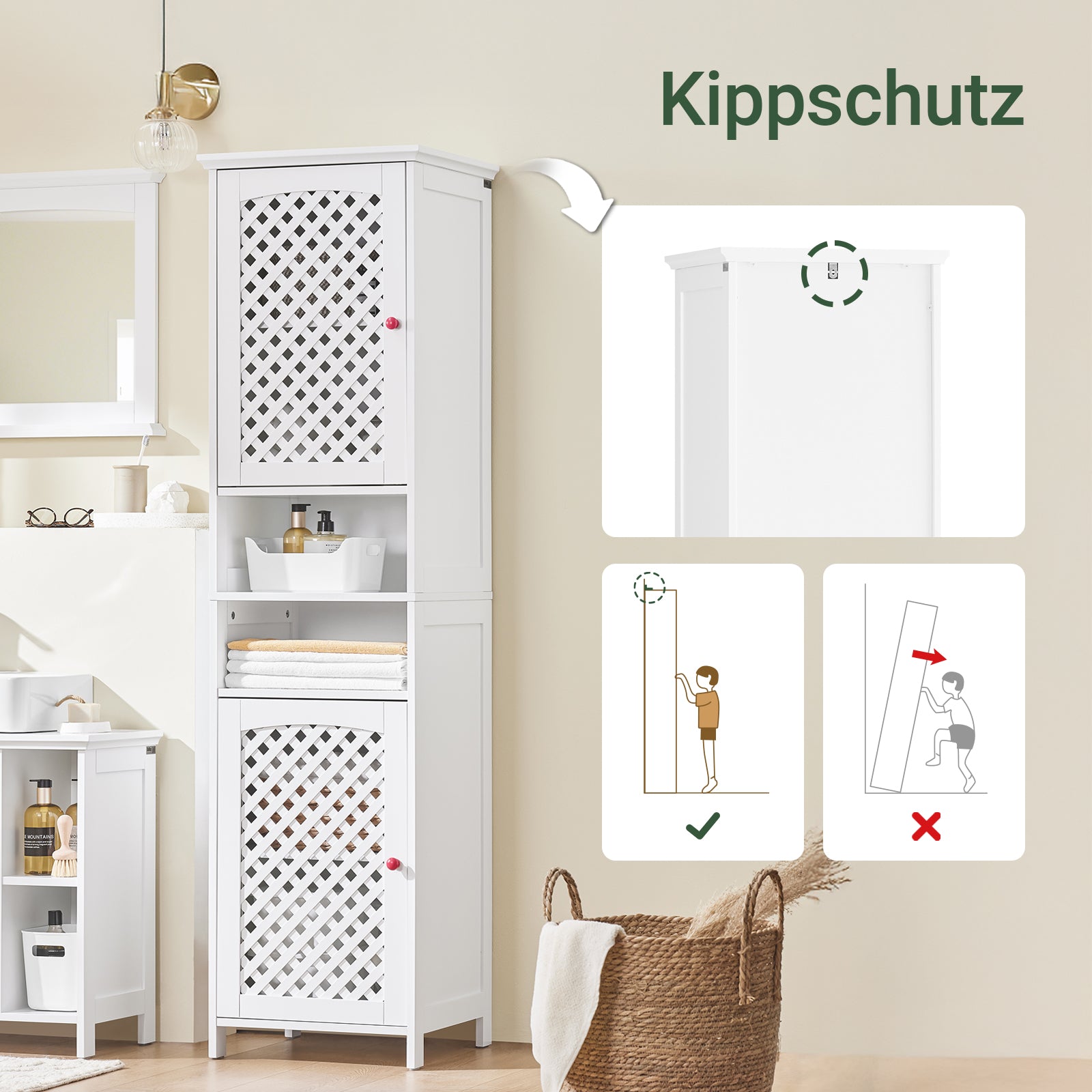 SoBuy | Badezimmerschrank Hoch Badschrank Schmal mit 2 Türen & Offenem Regal | Weiß 45x41.5x170cm | BZR209-W