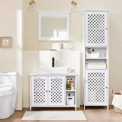 SoBuy | Waschbeckenunterschrank | Badezimmerschrank | mit 2 Türen & Offenem Regal | Weiß | BZR210-W