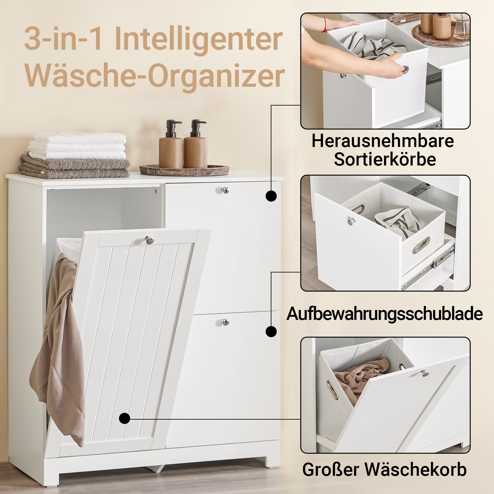 SoBuy | Badezimmerschrank | mit 1 großem Wäschesammler | 2 herausnehmbaren kleinen Stoffkörben | Wäschekorb Weiß | BZR213-W