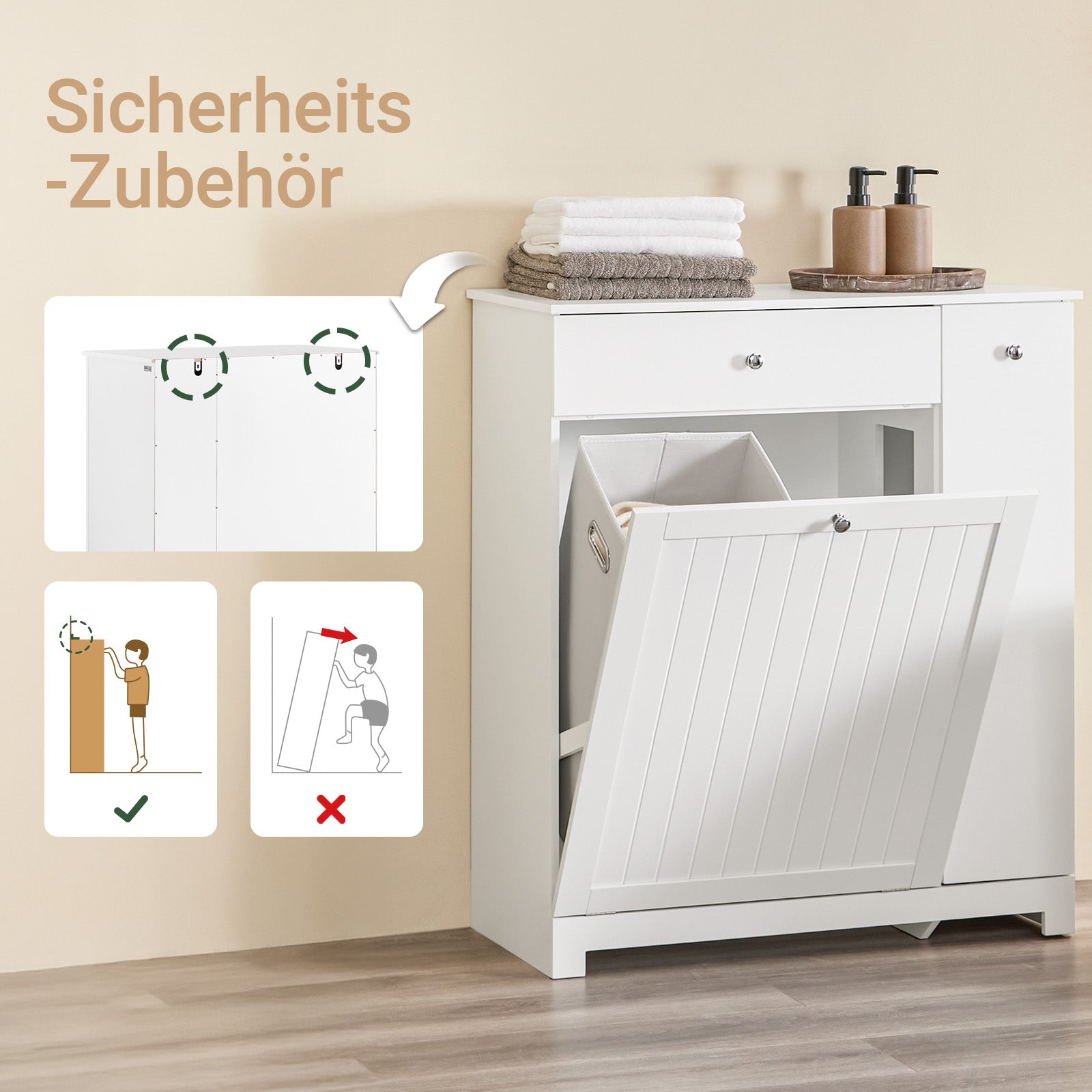SoBuy | Badezimmerschrank | mit 1 Schublade | 2 Wäschekörben & Ausziehfach | Weiß | 78x38x90cm | BZR214-W