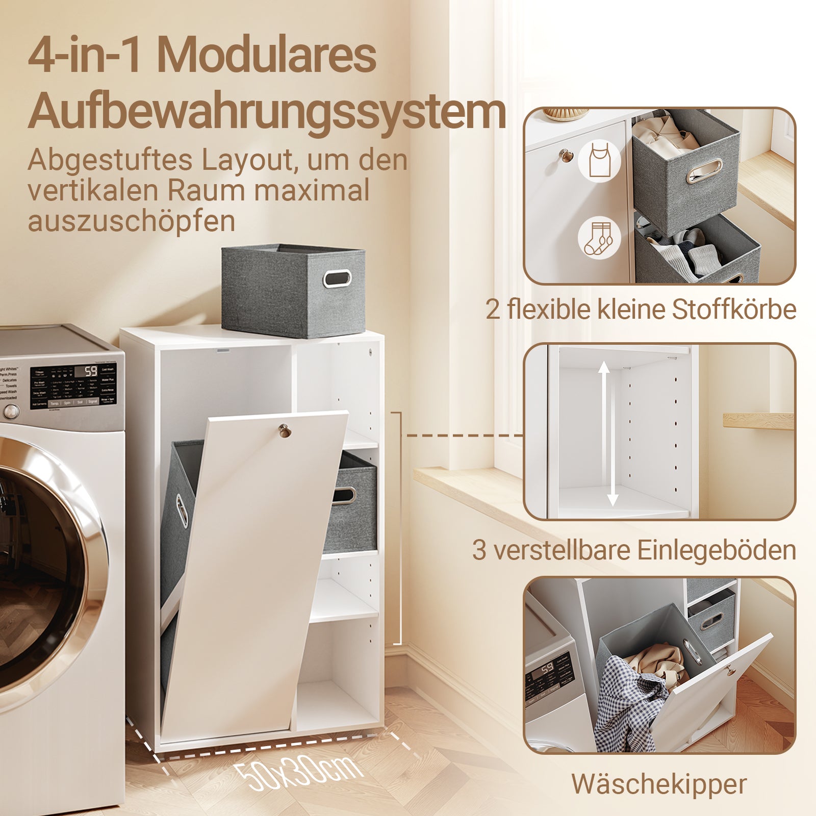 SoBuy Badezimmerschrank mit Wäschekorb schmal Weiß 50 cm 2 Stoffschubladen BZR218-W