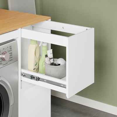 SoBuy Waschmaschinenschrank mit Wäschekorb Weiß BZR223-WN