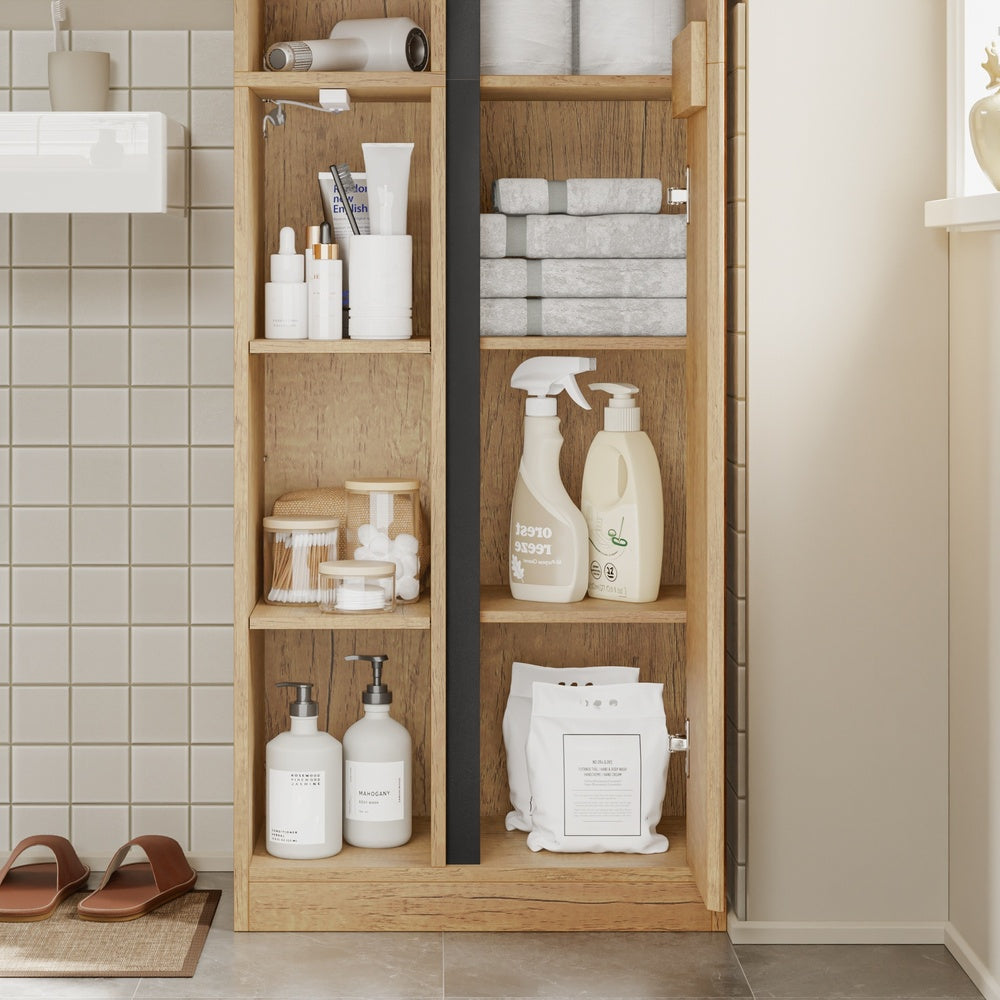 SoBuy Hochschrank Badezimmerschrank schmal in Light Oak Helle Eiche BZR237-E-N