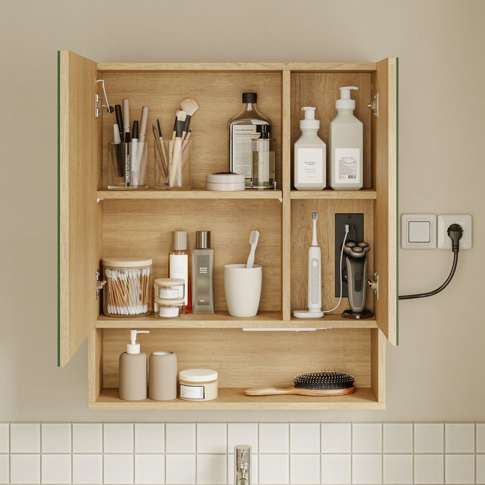 SoBuy Hangeschrank Spiegelschrank Bad mit Beleuchtung und Steckdose Helle Eiche BZR238-E-N