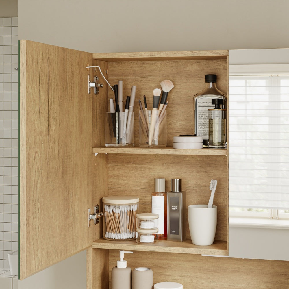 SoBuy Hangeschrank Spiegelschrank Bad mit Beleuchtung und Steckdose Helle Eiche BZR238-E-N