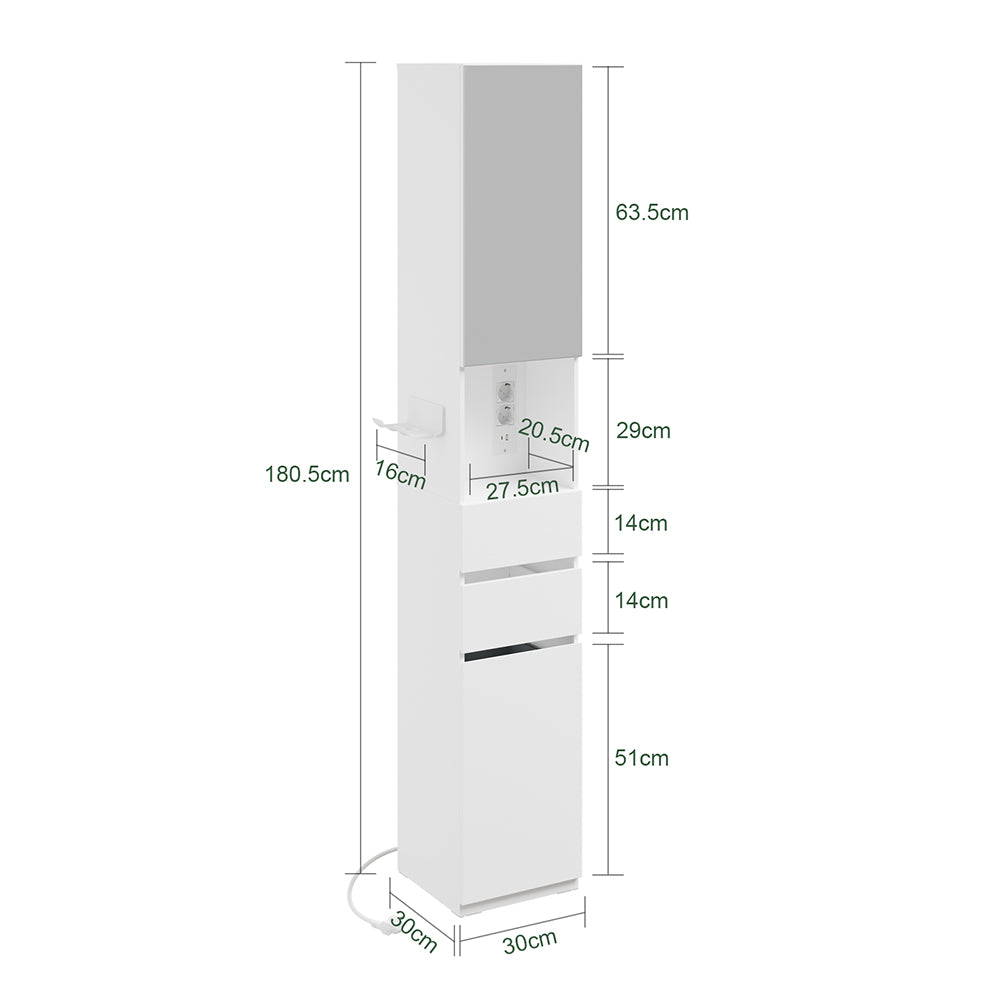 SoBuy | Badezimmer Hochschrank | Badezimmerschrank schmal mit Spiegeltür und | White | BZR240-E-W