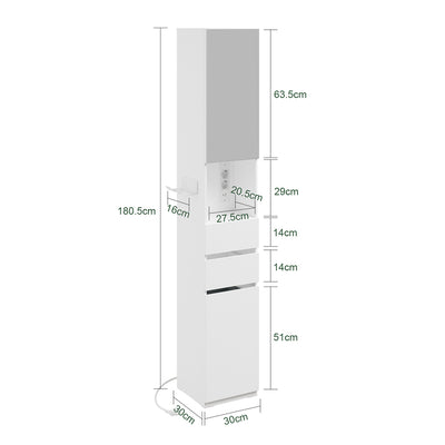 SoBuy | Badezimmer Hochschrank | Badezimmerschrank schmal mit Spiegeltür und | White | BZR240-E-W