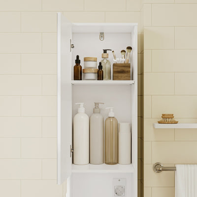 SoBuy | Badezimmer Hochschrank | Badezimmerschrank schmal mit Spiegeltür und | White | BZR240-E-W